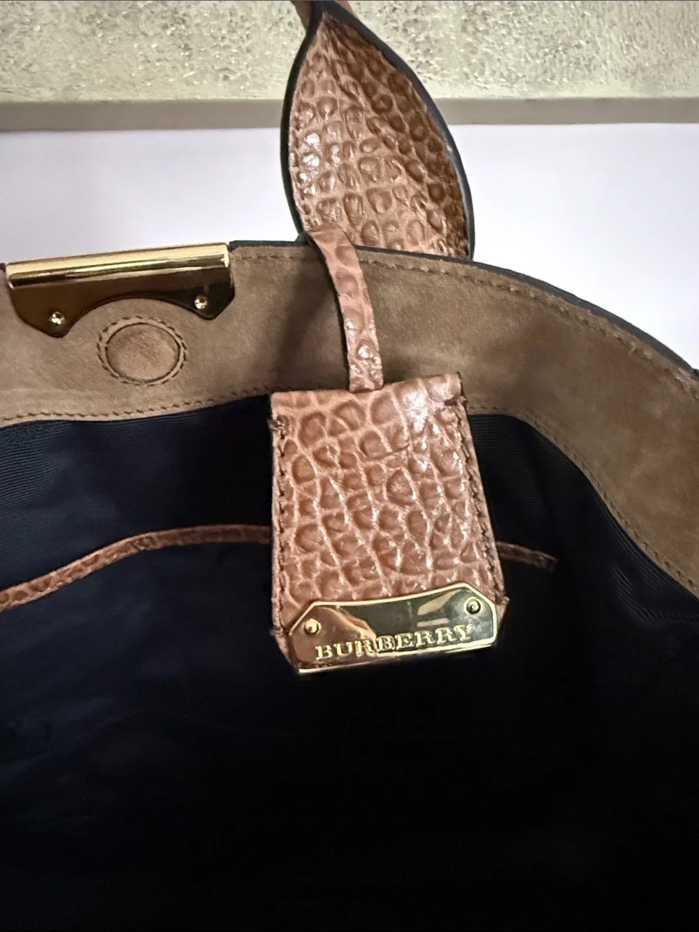Burberry Brown Suede & Croc-Trim Satchel with Gold Hardware